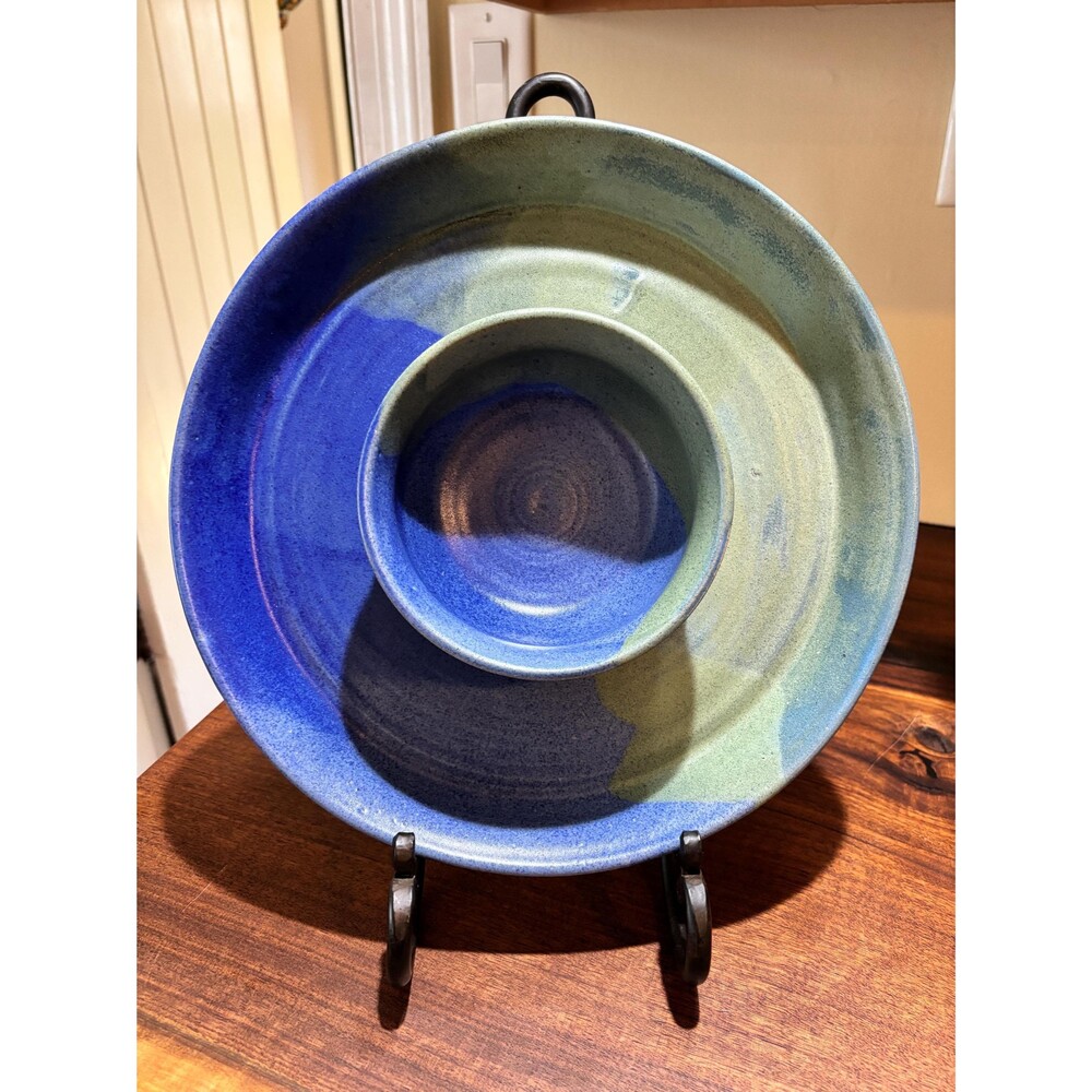 Studio Pottery Stoneware Chip and Dip in Deep Blue and Green Glaze